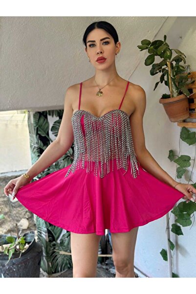 Miss Taş Püskül Detaylı Sandy Kumaş Kloş Elbise