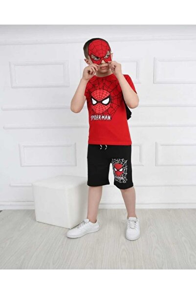 Bebezeyn Erkek Çocuk Örümcek Adam Baskılı Kırmızı Renk Maskeli Çantalı Üçlü Takım