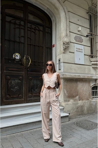 FMN Moda Fmn Women's Crop Vest Wide Leg Buttoned Trousers Bottom Top Set
