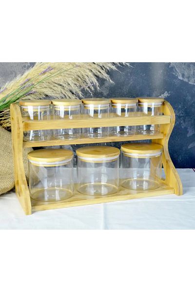 Karçiçeği Home 9 Pieces 2-Layer Glass Spicy Set with Bamboo Stand
