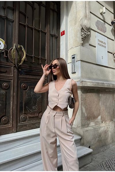 FMN Moda Fmn Women's Crop Vest Wide Leg Buttoned Trousers Bottom Top Set