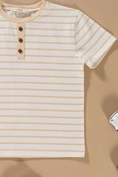 for you kids Striped Garnished Buttoned Stone T-Shirt Shorts Set