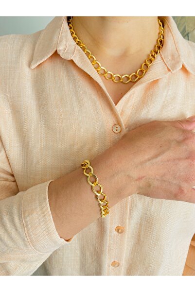 xesha Altın Kaplama Kolye Bileklik Seti Gold Renk 2 li Kolye Seti Kadın Zincir Kolye ve Bileklik