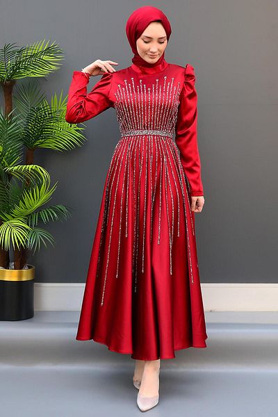 GİZ AGİYİM Sun Hijab Evening Dress Claret Red