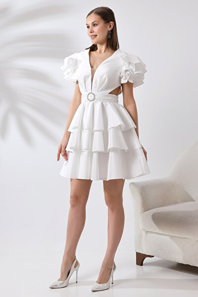 Kulis Moda V Yaka Bel Detay Kat Kat Tasarım Kısa Abiye Elbise