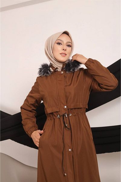 moda periy Long Hijab Coat with Fur Inside Fleece Hat and Reverse Pocket Cover