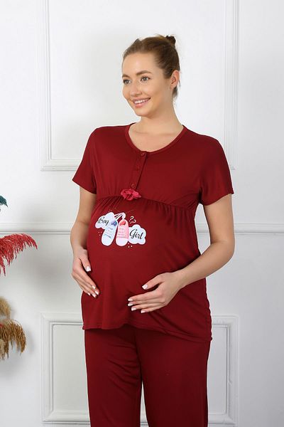 Akbeniz Dámské těhotenské pyžamo s krátkým rukávem Claret Red 45210