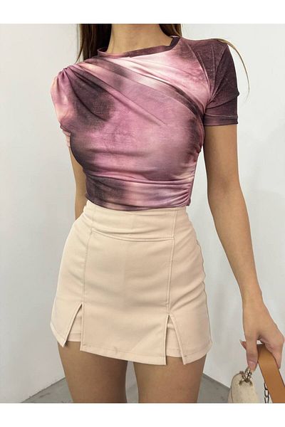 Butik Beyza Ψηφιακή εμπριμέ μπλούζα με κοντό μανίκι