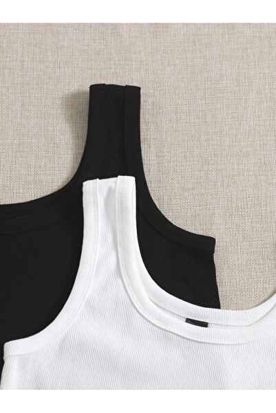 Richarlison Kadın Siyah Beyaz 2'Li Paket Fitilli Askılı Crop Top Bluz