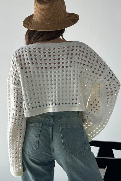 MODAGEN Women's Boat Neck Perforated Openwork Crop Knitwear Blouse