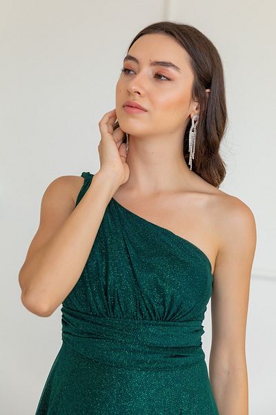 lovebox Lined Shiny Glitter Fabric One Shoulder Asymmetric Collar Maxi Length Emerald Green Evening Dress 38995