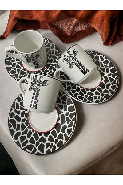 Artistic Quality Decorative Stylish Design Black and White Giraffe Motif Coffee Cup Set for 3 People