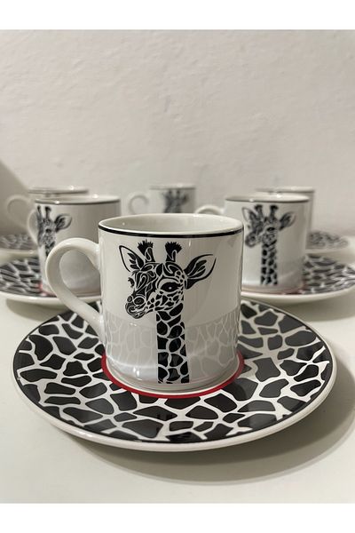 Artistic Quality Decorative Stylish Design Black and White Giraffe Motif Coffee Cup Set for 6 People