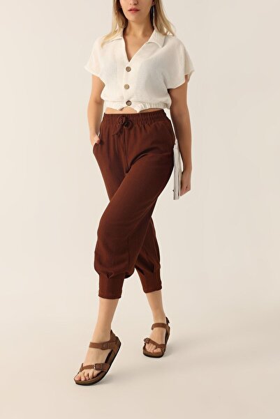 KaSheHa Kahverengi Paçası Büzgülü Beli Lastikli Bağcıklı Krinkıl Bürümcük Seu...