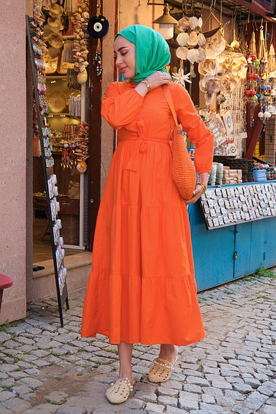 LOCCO Women's Waist Tied Layered Hijab Dress Orange