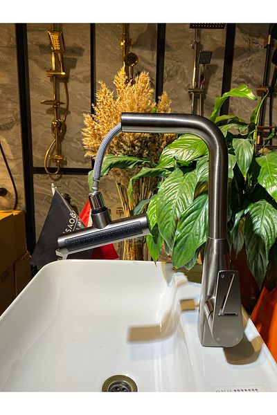 İSAOĞLU YAPI Anthracite Gray Kitchen Faucet Spiral Sink Tap Anthracite Premium Fixture 4 Separate Functions