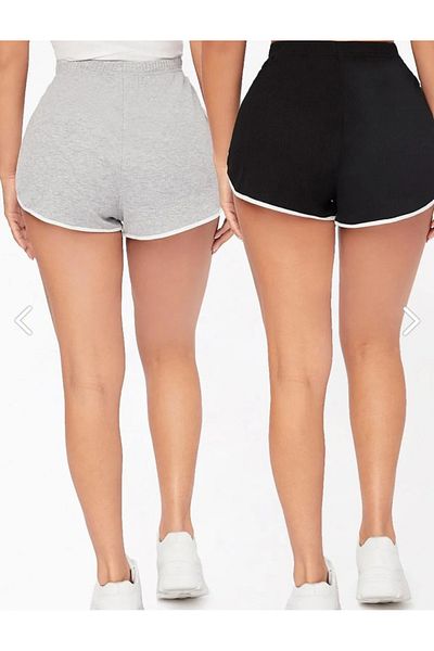 BETİLİNA Gray - Black 2-Piece Set Combed Cotton Slit Drawstring Mini Shorts