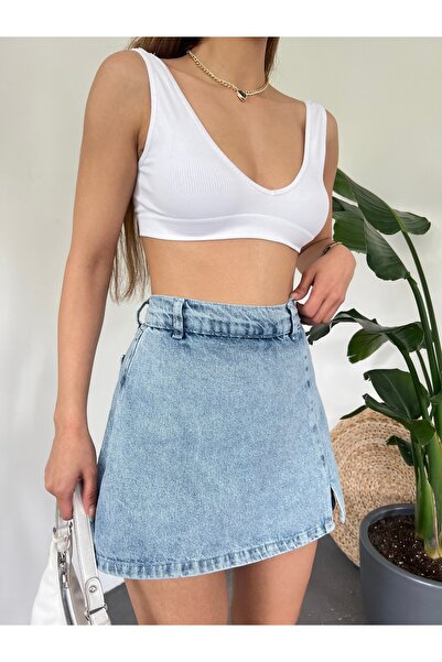 Fav Style Kadın Denim Arkası Çift Cepli Mini Şort Etek Mavi