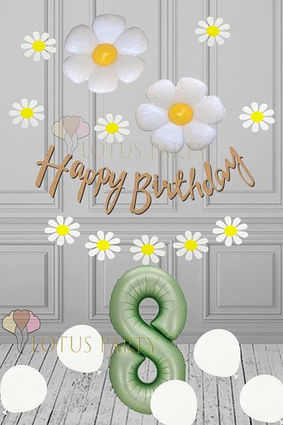 LOTUS PARTY 8 Year Old Birthday Party Set - Daisy Foil Balloon, Daisy Banner, Green Number Foil Balloon