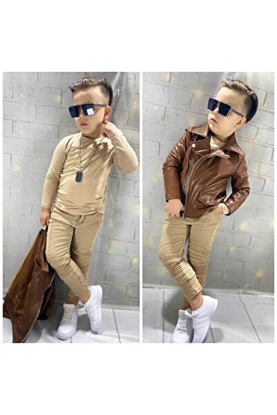 Genel Markalar Erkek Çocuk Fermuarlı Deri Ceket / Tişört / Kot Pantolon 3'lü ...