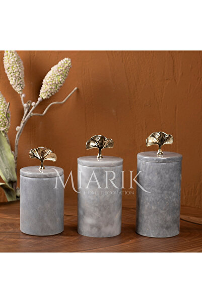 MIARIK DESIGN & DEKORASYON Dekoratif Gri Mermer Gold Renk Ginko Aksesuarli 3 ...
