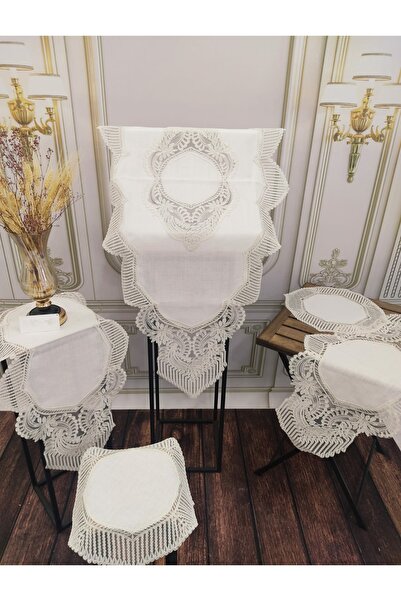 ZeynoÇeyiz (5 Parça) Lüx Gardenya Keten Salon Takımı Krem