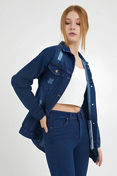 Lixera Boyfriend Koyu Mavi Tırnaklı Jean Kot Ceket