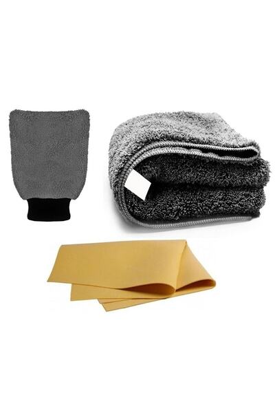 M.Y. TASO Professional 3 Lü Arac Yıkama Seti Güderi Mikrofiber Havlu Gri Eldi...