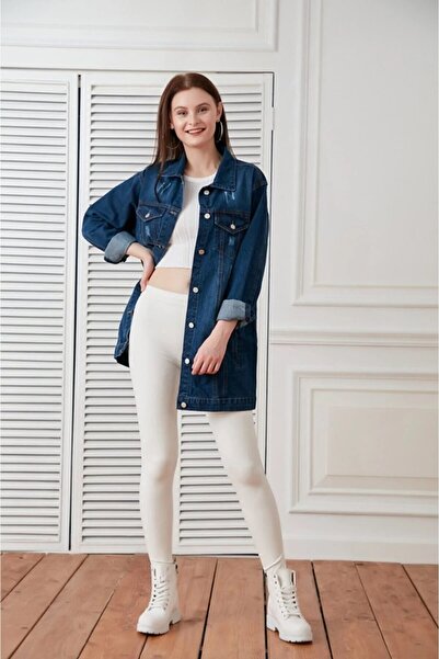 Lixera Boyfriend Koyu Mavi Tırnaklı Salaş Jean Kot Ceket