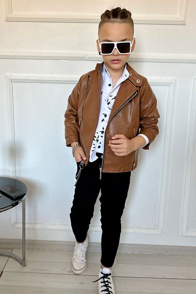 Tarz Çocuk Boy's Leather Jacket Jeans Trousers Shirt Style Set