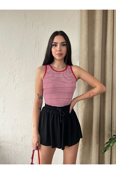 Fav Style Women's Halter Neck Striped Sleeveless Camisole Knitted Corded Crop Blouse Red