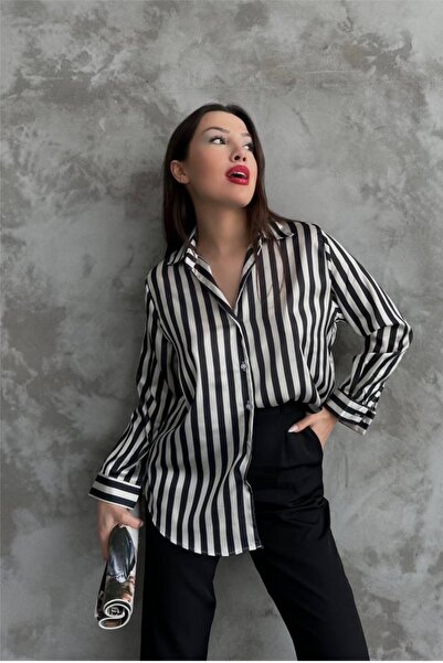 Ded COLLECTION Women's Satin Striped Black and White Shirt