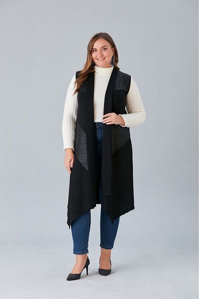 Butik Ayseba Women's Black Leather Detailed Asymmetrical Large Size Long Vest