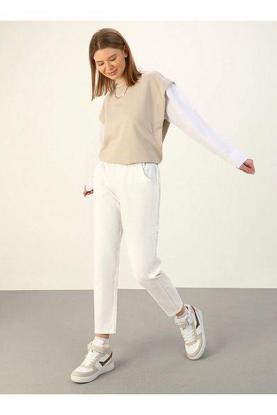 Benin Comfortable Carrot Denim Trousers with Elastic Waist - White - Benin