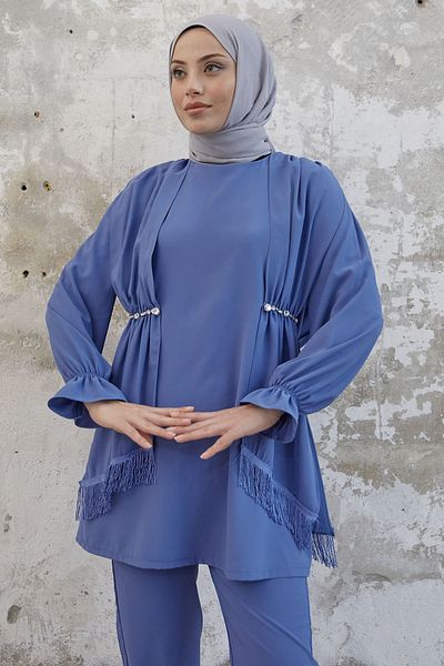 InStyle Φούντα Λεπτομέρεια Jeweled Crepe Set - Indigo