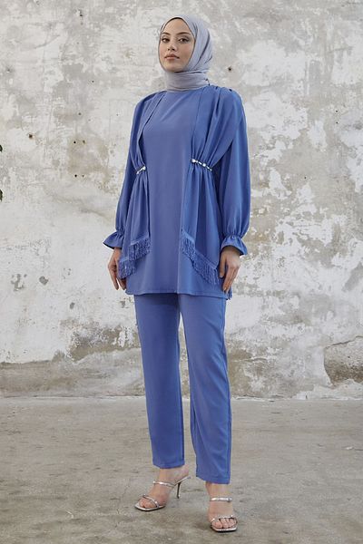 InStyle Φούντα Λεπτομέρεια Jeweled Crepe Set - Indigo