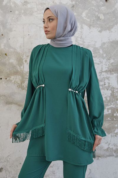 InStyle Tassel Detail Jewelled Crepe Set - Emerald Green
