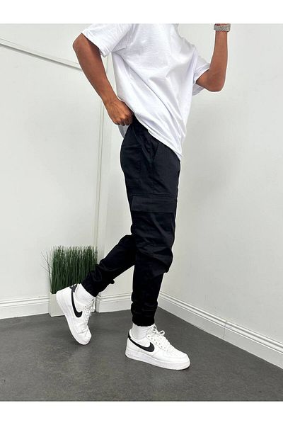 Gambocci Men's Black Cargo Pocket Elastic Leg Jogger Pants