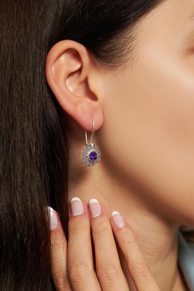 Erdobia Şubat Ametist Doğum Taşı Çiçek Motifli Telkari Gümüş Küpe