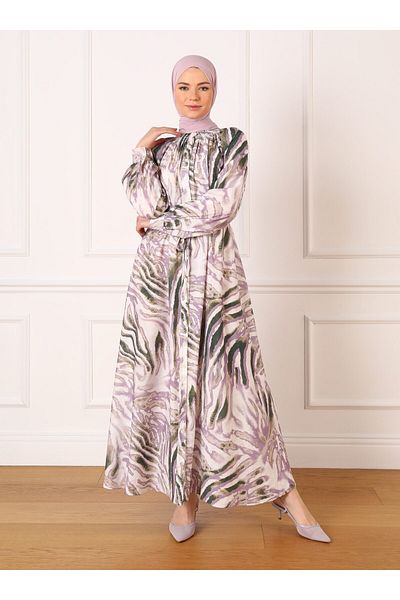 Refka Zebra Patterned Hijab Dress with Gipe Detail on the Collar - Lilac - Refka