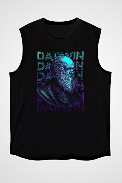 Darkhane تي شيرت أسود بدون أكمام للجنسين مع صورة تشارلز داروين - أكمام مقطوعة
