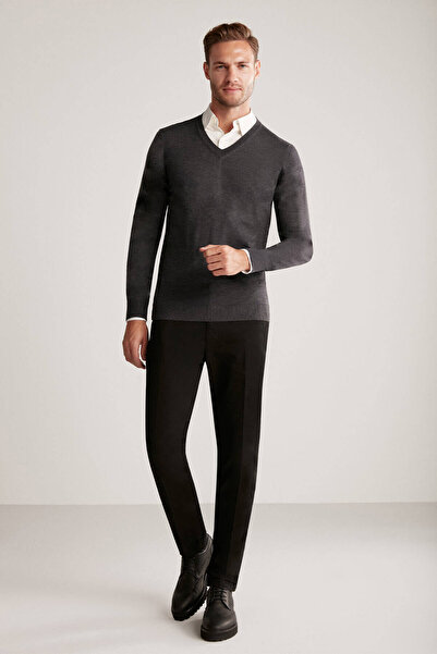 Hemington V Yaka Merino Yün Antrasit Triko
