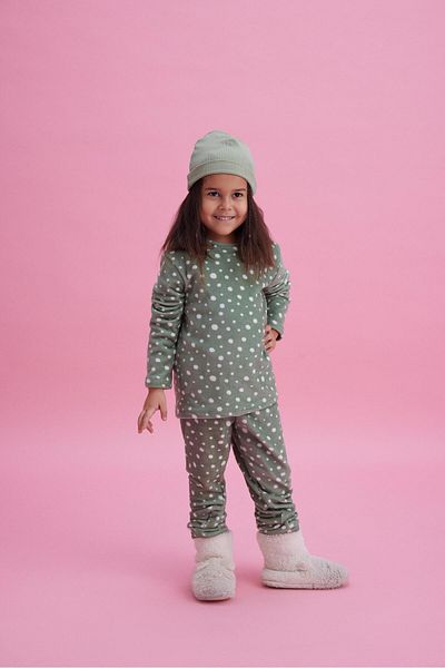 LUESS Girl's Thermal Soft Green Polka Dot Pattern Pajama Set