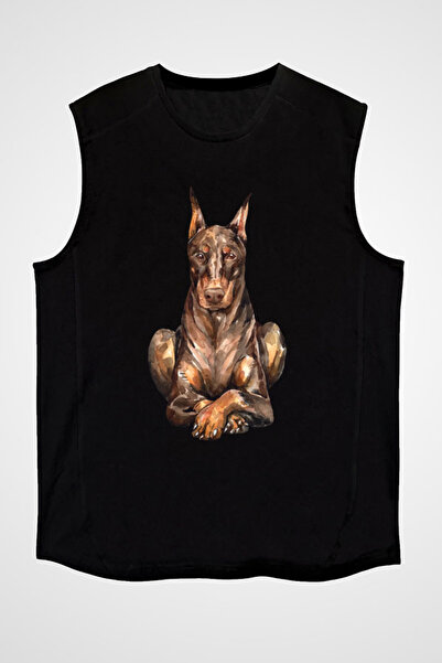 Darkhane تي شيرت أسود بدون أكمام بنمط دوبيرمان للجنسين - تي شيرت بأكمام قصيرة