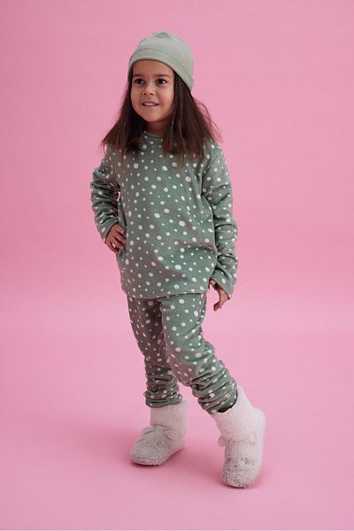 LUESS Girl's Thermal Soft Green Polka Dot Pattern Pajama Set