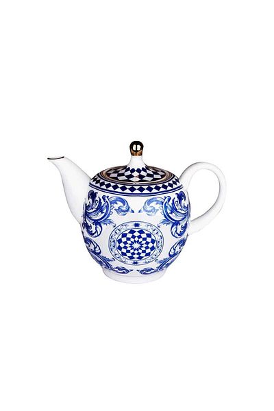 Lucky Art Aurora Bone - 800 ml Blue and White Baroque Patterned Tea Pot Porcelain
