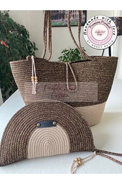 DOUBLE KNOT DESİGN 2li Takım Plaj Çantası , El çantası Clutch, Totebag, Kadın...