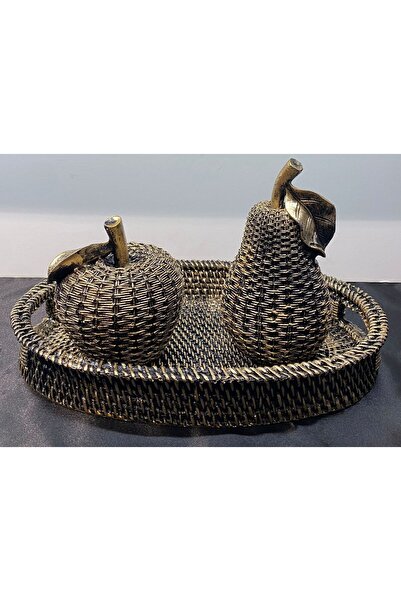 Peramari Dekoratif Polyester Üçlü Elma-Armut-Tepsi Set Gold Siyah Eskitme