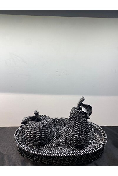 Peramari Dekoratif Polyester Üçlü Elma-Armut-Tepsi Set Gümüş Siyah Eskitme