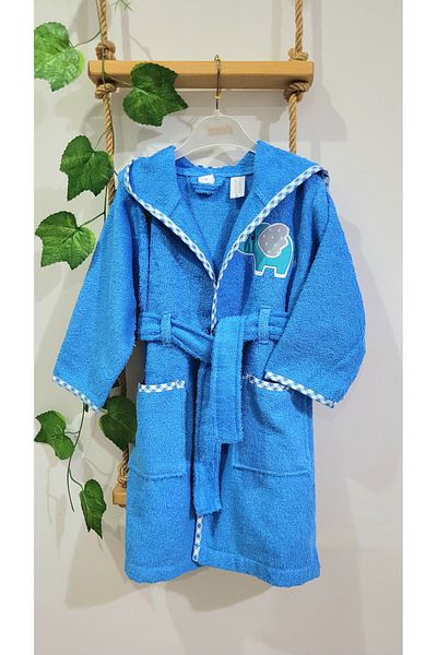 Alpar Tekstil Hooded Cotton Towel Soft Girl-Boy Bathrobe Blue / Elephant